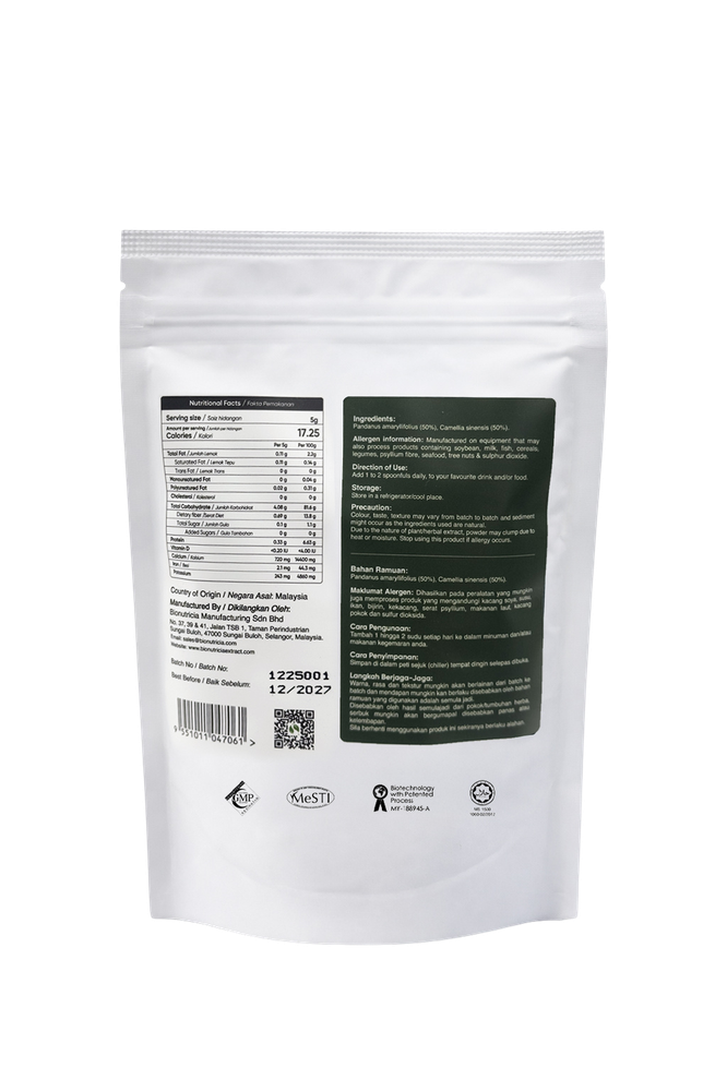Back label of Bionutricia Pandan Matcha Powder pouch
