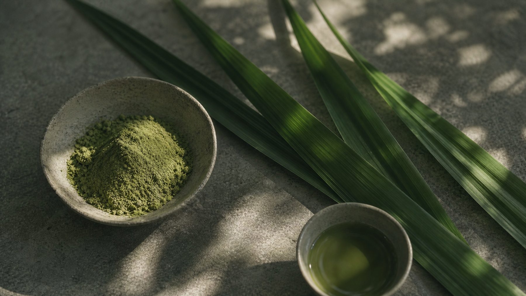 Matcha powder, pandan leaves, and tea in soft natural light