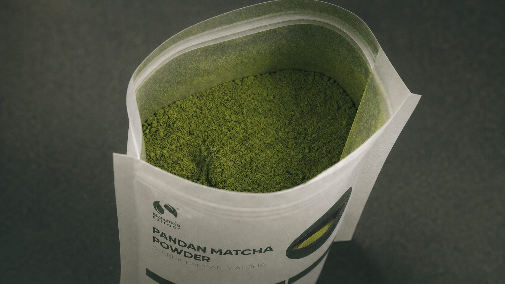 Bionutricia Extract Pandan Matcha Powder pouch open, showing green powder
