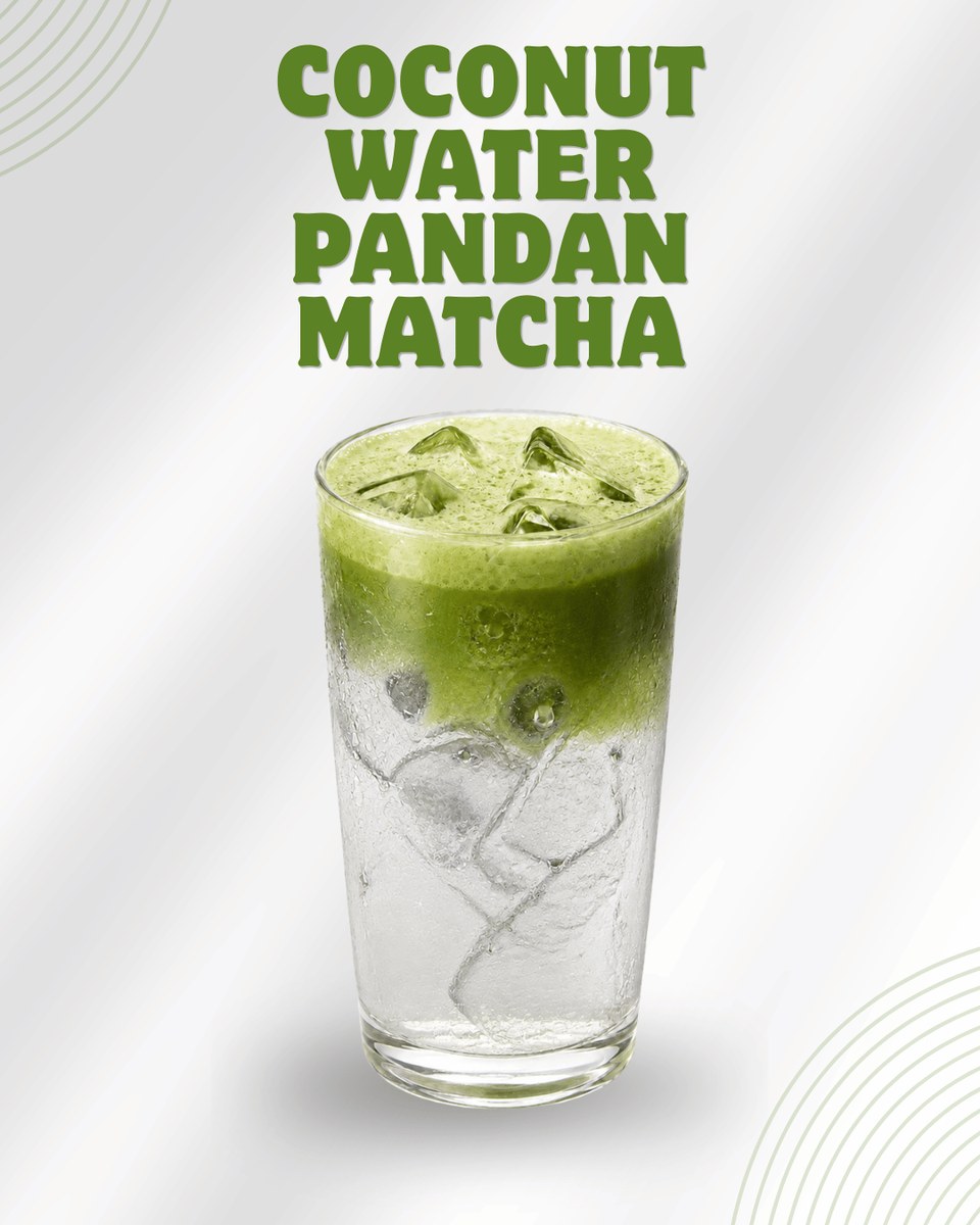Coconut water pandan matcha latte with ice and milk