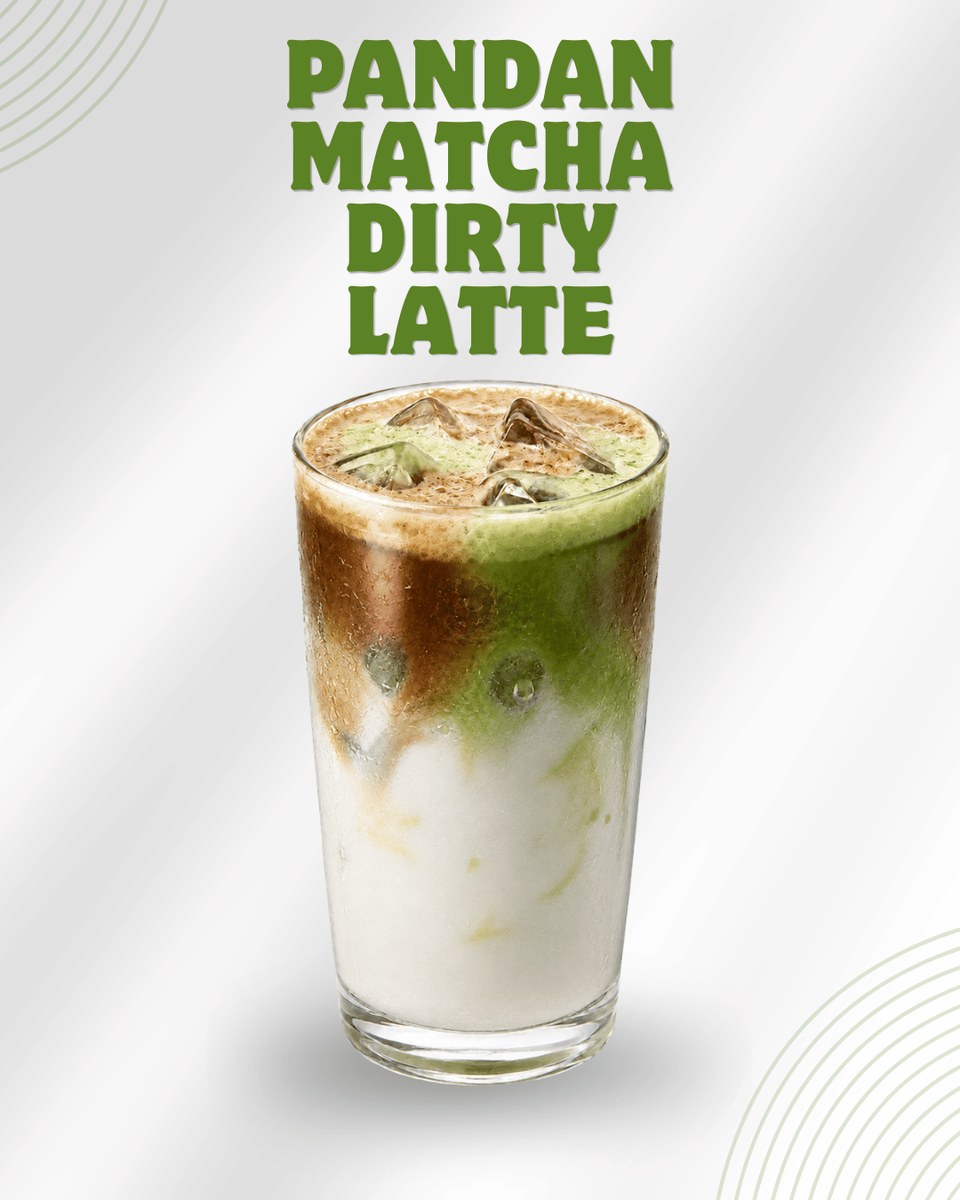Layered pandan matcha dirty latte with espresso and milk